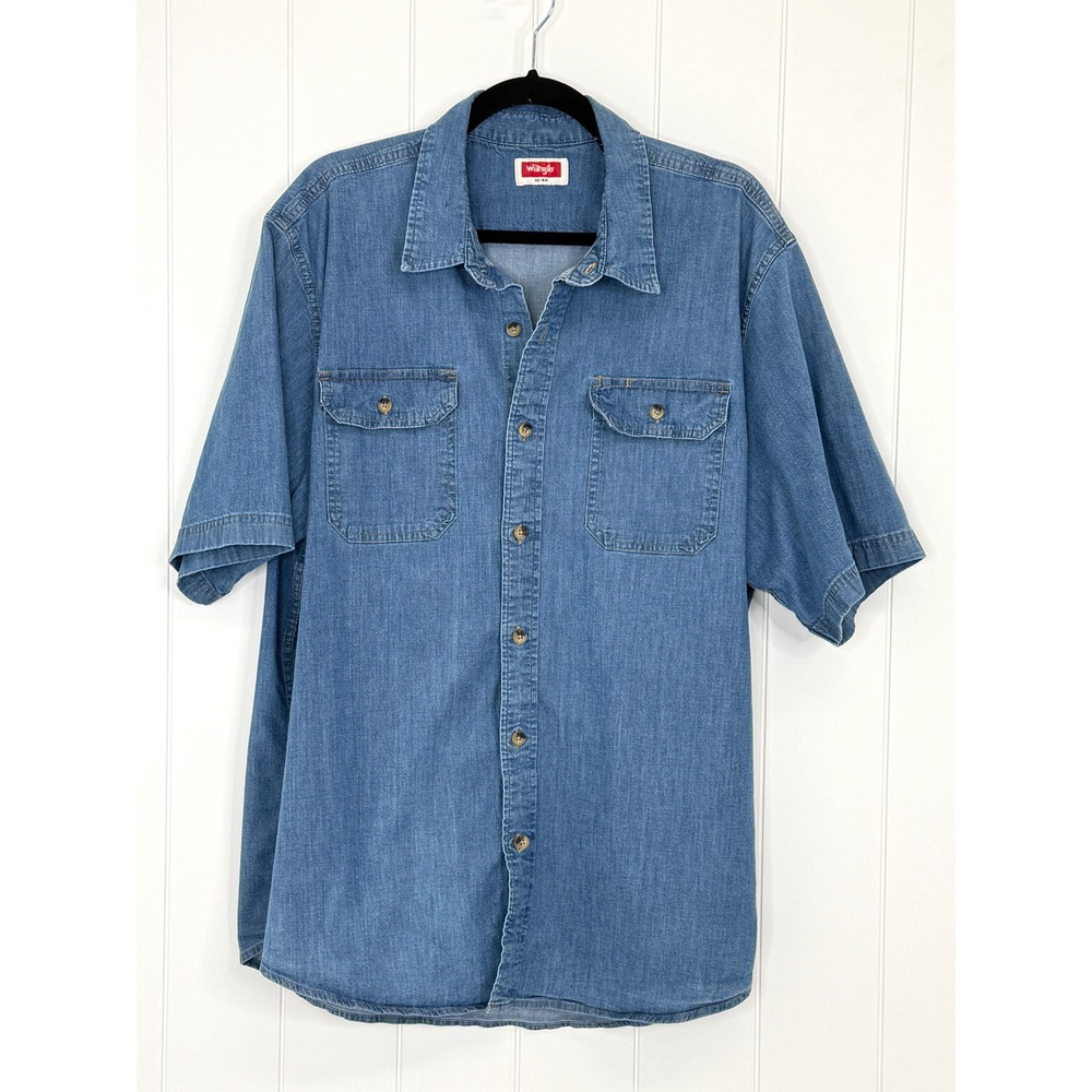 Wrangler Denim Button Down Shirt Men XL Blue Short Sleeve Workwear Western
